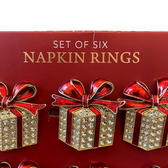 Envogue Rhinestone CHRISTMAS Present Napkin Rings Set of 6 Holiday Red Gold New - Picture 3 of 13